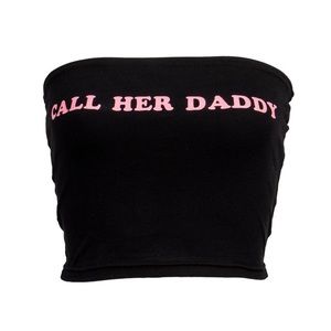 barstool call her daddy black tube top with pink text